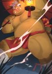  2019 anthro belly boar brown_fur clothing fundoshi fur humanoid_hands japanese_clothing jmeo1230 male mammal moobs night nipples outside overweight overweight_male porcine solo tusks underwear 