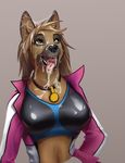  canine cum cum_on_face cum_on_muzzle dog female german_shepherd green_eyes latex_(artist) mammal messy open_mouth rubber solo 