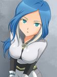  aqua_eyes bad_id bad_pixiv_id blue_hair bodysuit breasts enekon from_above grey_background inazuma_eleven inazuma_eleven_(series) long_hair medium_breasts multicolored_hair solo two-tone_hair urubida white_hair 