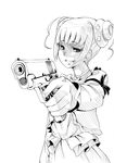  bad_id bad_pixiv_id digital_divide_shiwasu dokidoki!_precure double_bun foreshortening gun handgun highres m1911 monochrome outstretched_arm precure shaded_face simple_background smile solo weapon white_background yotsuba_alice 