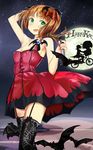  amami_haruka armpits bare_shoulders bat bicycle blush bow brown_hair e.t. full_moon garter_straps green_eyes ground_vehicle hair_ornament heart heart-shaped_pupils highres idolmaster idolmaster_(classic) moon open_mouth short_hair sleeveless solo spider_web_print sweat symbol-shaped_pupils zi-dabu 