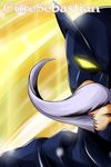  batman batman_(cosplay) batman_(series) beard cape character_name cosplay crossover dc_comics dokidoki!_precure facial_hair glowing glowing_eyes handlebar_mustache highres leather male_focus mask mustache nishi_koutarou parody precure sebastian_(dokidoki!_precure) solo superhero yellow_eyes 