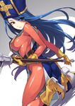  ass bad_id bad_pixiv_id blue_hair blush bodysuit boots breasts dragon_quest dragon_quest_iii gloves hat impossible_clothes large_breasts long_hair looking_at_viewer looking_back mace matsuryuu mitre orange_bodysuit priest_(dq3) red_eyes skin_tight solo tabard weapon 