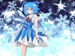  blue_eyes blue_hair bow cirno dress gradient gradient_background hair_bow leaning_back light_smile looking_at_viewer puffy_short_sleeves puffy_sleeves ribbon short_hair short_sleeves snowflakes solo sparkle touhou wings yunagi_(arukumaruta) 