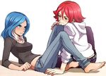  1girl akemi_(akemi18) bad_id bad_pixiv_id barefoot blue_eyes blue_hair blush breasts casual couple denim eye_contact green_eyes hetero hood hoodie inazuma_eleven inazuma_eleven_(series) jeans kiyama_hiroto long_hair looking_at_another medium_breasts multicolored_hair pants red_hair short_hair simple_background smile two-tone_hair urubida white_hair 