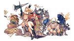  3girls abs amazon_(dragon's_crown) armor beard bikini_armor blonde_hair boots bow_(weapon) breasts copyright_name dragon's_crown dwarf_(dragon's_crown) elf_(dragon's_crown) facial_hair feathers fire full_armor gloves hammer hat helmet highres horned_helmet large_breasts long_hair multiple_boys multiple_girls muscle muscular_female red_hair skeleton sorceress_(dragon's_crown) thigh_boots thighhighs tiki_(dragon's_crown) weapon white_background white_hair winged_helmet witch_hat wizard_(dragon's_crown) yoshida_tooru 