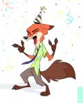  2018 anthro barefoot birchly canine clothed clothing disney eyes_closed fox fur hat holidays mammal new_year nick_wilde open_mouth orange_fur pants party_hat shirt simple_background smile solo teeth tongue white_background zootopia 