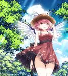  adapted_costume animal_ears ass_visible_through_thighs bare_shoulders blush breasts cleavage cloud day dress duplicate ears_through_headwear from_below hat highres light_rays looking_at_viewer medium_breasts mikoma_sanagi mystia_lorelei no_panties open_mouth pink_eyes pink_hair revision short_hair sky solo sun_hat sunbeam sunlight sweat thigh_gap touhou tree wings 