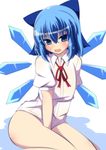 blue_eyes blue_hair blush bottomless bow cirno covering covering_crotch hair_bow ice ice_wings looking_at_viewer masiromu naked_shirt no_pants open_mouth puffy_sleeves shirt short_hair sitting solo sweatdrop touhou wariza wings 