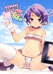  beach bikini breasts camera cover cover_page day dokidoki!_precure doujin_cover gloves hair_ornament kenzaki_makoto looking_at_viewer navel precure purple_eyes purple_hair short_hair small_breasts smile solo spread_legs squatting sweat swimsuit tasaka_shinnosuke thighhighs v wet 