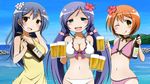  alcohol beach beer beer_mug bikini binetsu_kara_mystery blue_hair blush bottle breasts brown_eyes cleavage cup day earth_ekami flat_chest flower frilled_bikini frills green_eyes hair_flower hair_ornament highres holding holding_cup hoshizora_rin lily_white_(love_live!) long_hair looking_at_viewer love_live! love_live!_school_idol_project medium_breasts midriff multiple_girls navel ocean one_eye_closed open_mouth orange_hair outdoors purple_hair sake_bottle short_hair smile sonoda_umi swimsuit tongue toujou_nozomi water yellow_eyes 