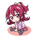  aida_mana blush chibi dokidoki!_precure flipped_hair half_updo on_floor outstretched_leg pink_eyes pink_hair precure short_hair sitting solo thighhighs zerusu03 