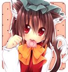  animal_ears brown_hair cat_ears cat_tail chen condom condom_in_mouth hat heart heart-shaped_pupils mitoki_6x6 mouth_hold multiple_tails paw_pose red_eyes short_hair solo symbol-shaped_pupils tail touhou 