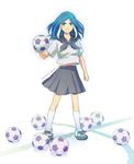  ball blue_eyes blue_hair casual english full_body highres holding holding_ball inazuma_eleven inazuma_eleven_(series) kneehighs long_hair multicolored_hair nomuo_(shiromi) pleated_skirt school_uniform skirt soccer_ball solo standing telstar two-tone_hair urubida white_background white_hair white_legwear wind 