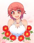  :d bare_shoulders blush breasts cleavage flower kagaminomachi_no_kaguya kusanagi_tonbo large_breasts looking_at_viewer open_mouth original red_eyes red_hair saruwatari_akari short_hair smile solo 