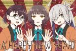  3girls ahoge asashimo_(kantai_collection) bangs black_hair blunt_bangs bow bowtie brown_hair commentary_request dress english_text eyes_visible_through_hair glasses green_eyes grey_eyes hair_over_one_eye halterneck happi happy_new_year highres index_finger_raised japanese_clothes kantai_collection kishinami_(kantai_collection) long_hair looking_at_viewer miroku_san-ju multicolored_hair multiple_girls new_year no_pupils okinami_(kantai_collection) one_eye_closed open_hand pink_hair ponytail school_uniform sharp_teeth shirt short_hair silver_hair sleeveless sleeveless_dress smile sunburst teeth upper_body wavy_hair white_shirt yellow_eyes 