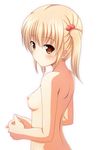 back blonde_hair blush breasts brown_eyes eyebrows_visible_through_hair hair_bobbles hair_ornament ki_(kk-sk-ray) long_hair nipples nude original simple_background small_breasts solo twintails white_background 