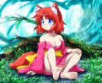  animal_ears bare_shoulders barefoot blue_eyes blush breasts cleavage dirty_feet feet japanese_clothes kimono medium_breasts nature off_shoulder original red_hair rokuroubuna short_hair sitting soles solo tail toes 