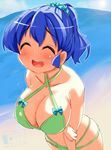 :d ^_^ bare_shoulders beach bikini blue_hair breasts cleavage closed_eyes dated inaka_keikou large_breasts open_mouth original ponytail saku_hinoko scrunchie short_hair signature smile solo swimsuit 
