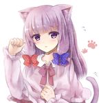  animal_ears blush bow cat_ears cat_tail hair_bow kemonomimi_mode long_hair patchouli_knowledge paw_pose paw_print puracotte purple_eyes purple_hair solo tail touhou 