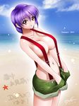  2013 ayane_(doa) beach blue_sky breasts censored cleavage convenient_censoring day dead_or_alive hands_in_pockets large_breasts navel o.n.e. ocean purple_hair red_eyes short_hair shorts sky slender_waist solo summer suspenders topless 