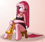  anthrofied big_breasts black_and_white blue_eyes breasts clothed clothing cutie_mark dress equine female friendship_is_magic hair horse long_hair mammal monochrome musical_instrument my_little_pony necklace pink_hair pinkamena_(mlp) pinkie_pie_(mlp) pixel_art pony sitting smile solo straight_hair tg-0 trombone 