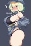  1girl ^^^ aqua_hair armpits bare_shoulders black_bra black_panties black_thighhighs blonde_hair blue_eyes blush bra breasts character_request copyright_request cowboy_shot from_side full-face_blush grey_background grey_hat hat highres hirowa_nagi lace-trimmed_bra lace-trimmed_panties lace_trim large_breasts lifting_own_clothes motion_lines multicolored_hair newsboy_cap panties purple_eyes short_hair sideboob simple_background solo streaked_hair surprised sweatdrop sweater thighhighs thighs translation_request turtleneck turtleneck_sweater underwear unfinished 