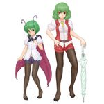  androgynous antennae ascot blush cape closed_umbrella feet green_eyes green_hair hand_on_hip highres kazami_yuuka kuro_suto_sukii legs legwear_under_shorts midriff multiple_girls navel pantyhose pantyhose_under_shorts plaid plaid_shorts plaid_vest red_eyes reverse_trap short_hair shorts simple_background touhou umbrella vest white_background wriggle_nightbug 