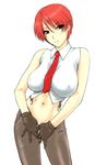  breasts brown_eyes crotch_grab earrings highres jewelry large_breasts midriff navel necktie red_hair short_hair solo st.germain-sal the_king_of_fighters vanessa_(king_of_fighters) 