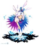  arm_up cirno crystal flying ice ice_wings looking_at_viewer puffy_short_sleeves puffy_sleeves red_eyes short_hair short_sleeves silver_hair simple_background solo touhou usapiyo white_background wings 