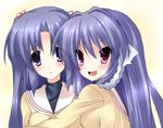  blue_eyes blue_hair clannad fujibayashi_kyou hikarizaka_private_high_school_uniform ichinose_kotomi kuwashima_rein long_hair multiple_girls purple_eyes purple_hair school_uniform two_side_up 