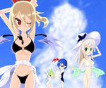  bikini blonde_hair blue_hair blush day disgaea green_eyes green_hair hat makai_senki_disgaea_2 makai_senki_disgaea_3 marona_(phantom_brave) multiple_girls original phantom_brave pleinair pointy_ears red_eyes rozalin sapphire_rhodonite sky sunglasses swimsuit wings 