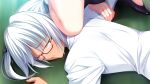  2girls asphyxiation black_ribbon black_shoes chiara_farrell closed_eyes closed_mouth fumio_(ura_fmo) game_cg glasses grisaia_(series) grisaia_no_rakuen hair_ribbon harudera_yuria knee_on_another&#039;s_neck long_sleeves lying multiple_girls non-web_source official_art on_ground on_stomach out_of_frame red-framed_eyewear ribbon shirt shoes short_hair solo_focus tears twintails upper_body variant_set white_hair white_shirt 