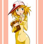  a bag baseball_cap blonde_hair bodysuit bread eating food green_eyes hat heart highres kakkii kaminari_ai lipstick makeup open_mouth paper_bag solo time_bokan_(series) yatterman yellow_bodysuit 