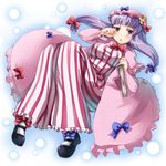  bangs blunt_bangs book breasts crescent floating gin'ichi_(akacia) hands hat large_breasts long_hair mary_janes patchouli_knowledge purple_eyes purple_hair robe shirt shoes sleepy solo striped taut_clothes taut_shirt touhou 