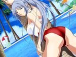  against_tree arm_up ass back bangs blue_eyes blue_hair blurry breasts casual_one-piece_swimsuit chair cloud cowboy_shot day depth_of_field dutch_angle eve_(series) eve_~new_generation_x~ from_behind game_cg groin_tendon hair_over_shoulder half-closed_eyes hashimoto_takashi high_ponytail himuro_kyouko legs_apart long_hair looking_at_viewer looking_back lounge_chair medium_breasts one-piece_swimsuit palm_tree parted_bangs ponytail pool poolside presenting red_swimsuit sideboob sidelocks sky solo standing strapless strapless_swimsuit swimsuit table thighs tree umbrella very_long_hair water white_swimsuit 