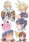  &gt;_&lt; 1girl 4boys absurdres bandana bayonetta bayonetta_(series) bayonetta_2 black_hair blonde_hair blue_eyes blue_hair blush brown_hair cloud_strife dancho_no_mori dragon_quest dragon_quest_viii earrings final_fantasy final_fantasy_vii fire_emblem fire_emblem:_path_of_radiance glasses hero_(dq8) highres ike_(fire_emblem) jewelry jigglypuff lips multiple_boys own_hands_together pikachu pokemon pokemon_(creature) red_eyes sheik short_hair super_smash_bros. the_legend_of_zelda the_legend_of_zelda:_ocarina_of_time 