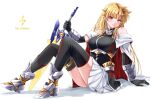  1girl adapted_costume armored_gloves armored_shoes bardiche_(nanoha) bardiche_(riot_blade_ii)_(nanoha) bare_shoulders black_gloves black_leotard black_thighhighs blonde_hair boots breasts cape closed_mouth commentary_request copyright_name elbow_gloves fate_testarossa fate_testarossa_(blaze_iii) full_body gloves highres holding holding_sword holding_weapon large_breasts leotard long_hair looking_at_viewer lyrical_nanoha mahou_senki_lyrical_nanoha_force mahou_shoujo_lyrical_nanoha_detonation mahou_shoujo_lyrical_nanoha_strikers miniskirt paid_reward_available planted planted_sword pleated_skirt red_eyes sitting skirt solo sougetsu_izuki sword thigh_strap thighhighs thighs turtleneck turtleneck_leotard two-sided_cape two-sided_fabric weapon white_cape white_skirt zettai_ryouiki 