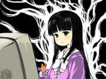  aura bangs black_eyes black_hair blunt_bangs bow computer food gigokku houraisan_kaguya long_hair monitor solo touhou 