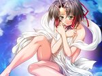  bed_sheet blush brown_hair covering game_cg legs naked_sheet short_hair solo yatohime_zankikou yellow_eyes yokota_mamoru 