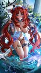  1girl artist_name babydoll bare_legs bird blue_babydoll blurry blurry_background blush breasts breasts_apart choker collarbone commentary english_commentary feet_out_of_frame flower front_split furrowed_brow genshin_impact gold_thighlet green_eyes hair_flower hair_ornament hand_chains highleg highleg_panties highres jewelry lace-trimmed_babydoll lace-trimmed_panties lace_trim laurel_crown lif_(lifoxcious) long_hair looking_at_viewer medium_breasts navel nilou_(genshin_impact) official_alternate_hairstyle panties partially_submerged pillar pulling_own_clothes purple_babydoll purple_flower purple_nails purple_wrist_cuffs red_hair ribbon_choker see-through_babydoll see-through_clothes sitting solo stomach thigh_bow thigh_strap thighlet twintails underwear veil very_long_hair water white_panties white_veil wrist_cuffs 