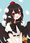  1girl :d asumi276 black_hair black_wings blush hair_between_eyes hat highres leaf leaf_print looking_at_viewer open_mouth own_hands_together pointy_ears pom_pom_(clothes) red_eyes shameimaru_aya shirt short_hair short_sleeves smile solo tokin_hat touhou white_shirt wings 
