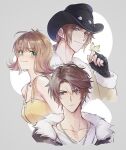  1girl 2boys bare_shoulders black_gloves black_hat black_jacket blue_eyes blush breasts brown_hair bug butterfly butterfly_on_hand chain chain_necklace cleavage closed_mouth coat cowboy_hat dated earrings final_fantasy final_fantasy_viii fingerless_gloves fur-trimmed_coat fur-trimmed_jacket fur_trim gloves green_eyes grey_background hair_between_eyes hat highres irvine_kinneas jacket jewelry lily_(shio1006) long_hair low_ponytail medium_breasts multiple_boys necklace overalls parted_bangs ponytail portrait scar scar_on_face scar_on_forehead selphie_tilmitt shirt short_hair single_earring smile squall_leonhart twitter_username upper_body white_fur white_shirt yellow_coat yellow_overalls 