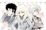  ... 3boys alternate_costume averting_eyes black_hair black_ribbon blonde_hair blue_hair blush brooch cancer_death_mask capricorn_shura closed_eyes collared_shirt colored_tips crossed_arms embarrassed facing_viewer flower flower_brooch formal_clothes gradient_hair green_necktie grey_hair grey_jacket grey_shirt hand_on_own_head hand_up hands_on_own_hips jacket jewelry long_sleeves male_focus mizuhara_aki mole mole_under_eye multicolored_hair multiple_boys neck_ribbon necktie open_mouth otoko_no_ko pisces_aphrodite red_eyes ribbon rose saint_seiya shirt short_hair sideburns speech_bubble spiked_hair spoken_ellipsis suit suit_jacket sweatdrop two-tone_hair upper_body 