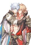  2boys abs antenna_hair arm_tattoo armlet armor black_coat black_gloves black_pants black_shirt blonde_hair blue_cape blue_eyes blush braid cape chest_tattoo chinese_commentary coat commentary_request cowboy_shot earrings facial_tattoo fingerless_gloves gloves gold_earrings gold_necklace gradient_hair hair_between_eyes highres honkai:_star_rail honkai_(series) hug jewelry male_focus medium_hair multicolored_hair multiple_boys mydei_(honkai:_star_rail) necklace one_eye_closed open_clothes open_coat pants pauldrons phainon_(honkai:_star_rail) qiaose33912 red_cape red_hair red_tattoo shirt short_hair shoulder_armor side_braid simple_background single_glove single_pauldron tattoo toned toned_male white_background white_coat white_hair yaoi yellow_eyes 