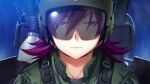  1girl closed_mouth cockpit expressionless flight_suit fumio_(ura_fmo) game_cg green_helmet green_jumpsuit grisaia_(series) grisaia_no_rakuen hair_between_eyes helmet jumpsuit large_variant_set looking_at_viewer medium_hair milliela_stanfield night non-web_source official_art pilot_helmet portrait purple_eyes purple_hair solo star_(sky) variant_set 
