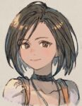  1girl black_choker bodysuit brown_eyes brown_hair choker closed_mouth collarbone final_fantasy final_fantasy_ix garnet_til_alexandros_xvii highres jewelry light_smile looking_at_viewer maeka_(kumaekake) orange_bodysuit parted_bangs pendant portrait shirt short_hair solo upper_body white_shirt 