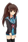  bad_anatomy brown_eyes brown_hair cardigan genderswap genderswap_(mtf) highres kita_high_school_uniform kyonko long_hair ponytail school_uniform solo suzumiya_haruhi_no_yuuutsu ta0316 thighhighs 