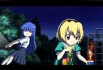  2girls aerial_fireworks anime_screenshot blonde_hair dress fireworks furude_rika higurashi_no_naku_koro_ni houjou_satoko imageboard_desourced letterboxed lowres multiple_girls non-web_source pantyhose 