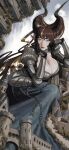  1girl absurdres armor armored_dress black_gloves black_horns blonde_hair blue_dress breasts brown_hair castle chain cleavage cleavage_cutout closed_mouth clothing_cutout commentary_request commission dress elbow_rest fantasy gauntlets giant giantess gloves gorget hair_flowing_over hand_on_own_head head_rest highres horizontal_pupils horns huge_breasts lapefamm long_dress long_hair looking_at_viewer medieval multicolored_hair orange_lips original outdoors pointy_ears russian_commentary shoulder_armor sitting solo streaked_hair watermark yellow_eyes 